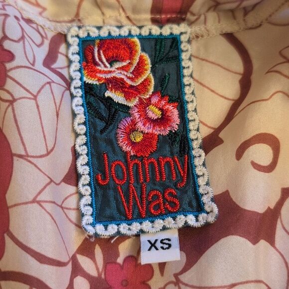 Johnny Was Silk Long Sleeve Blouse V Neck Pink Cream Elastic Waist Size XS - Picture 3 of 8